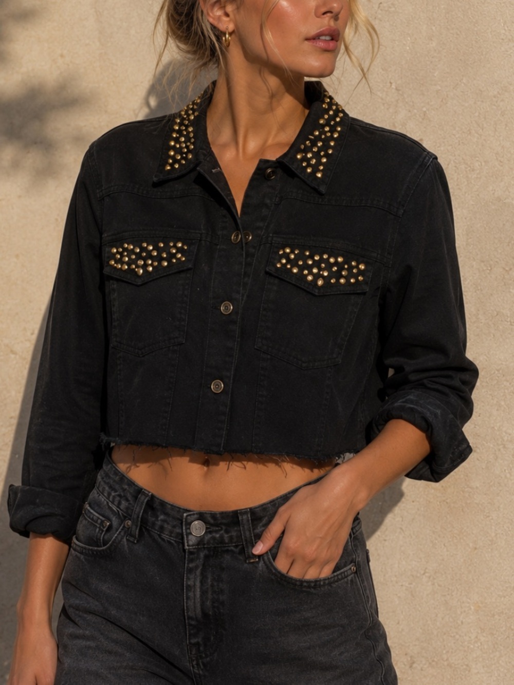 Vintage black cropped studded jacket